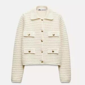 Zara Cream Knit Collared Cardigan S
